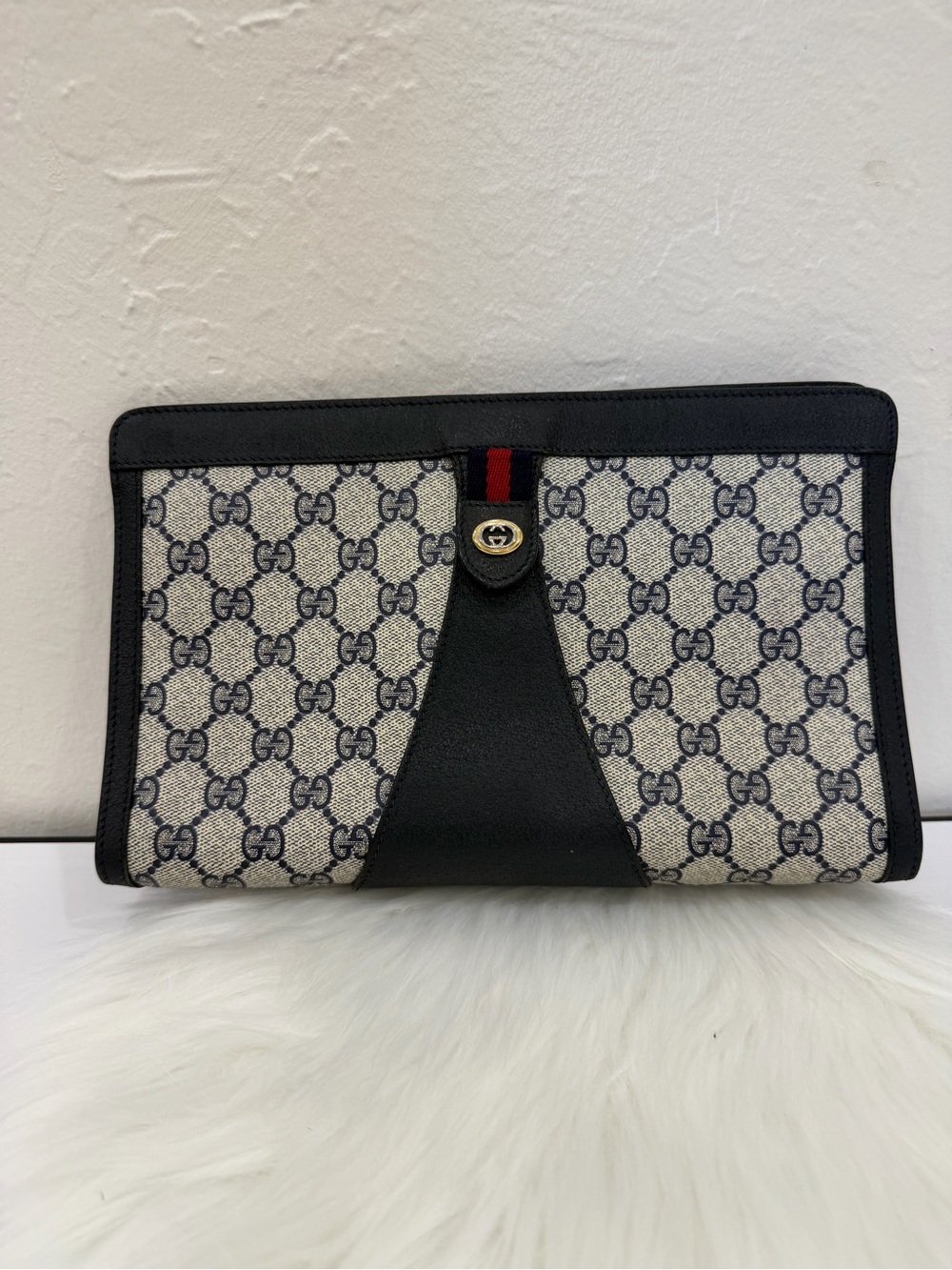 Vintage Gucci GG Supreme Sherry line Navy Clutch Bag